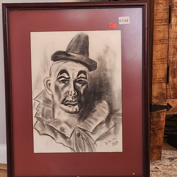 Mid Century Original signed clown charcoal portrait, framed 25 x 20 - Picture 2 of 5